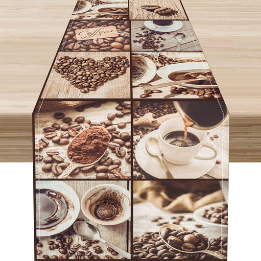 Coffee Theme Table Runner, Rustic Farmhouse Coffee Cup Latte Cappuccino Tea Party Cafe Table Center Decor for Home Kitchen Dining Patio Holiday Party Indoor Outdoor Table Decorations, 13"x72" Inch