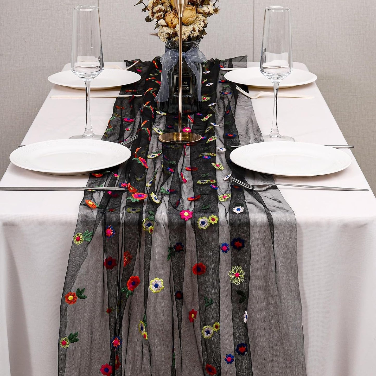 BINBE 6pcs Black Daisy Fall Table Runner Embroidery Gauze 10FT Florals Seasonal Tulle Holiday Birthday Kitchen Dining Table Decor for Home Party
