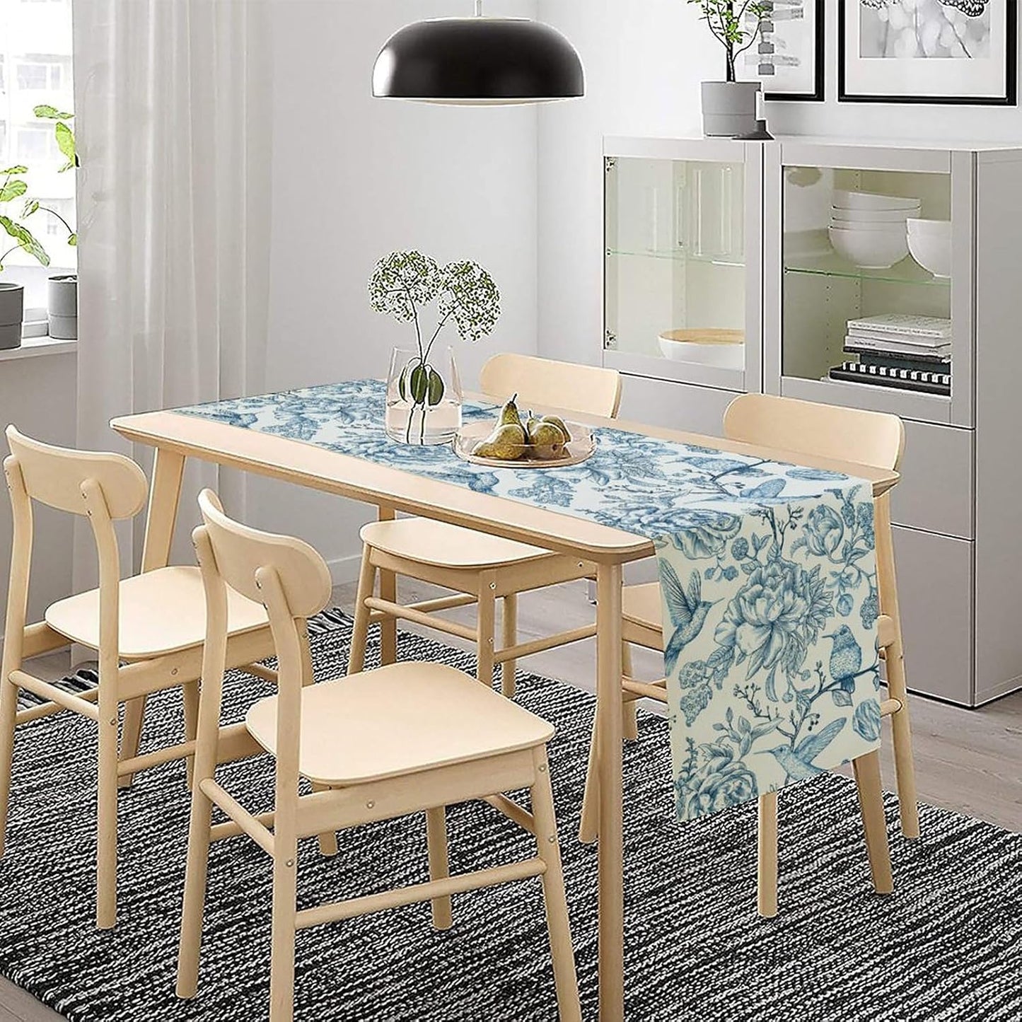 Blue White Table Runner Retro Monochrome Sketch Birds Flower Vintage Floral Kitchen Dining Table Decoration for Home Party Holiday 13"x120"