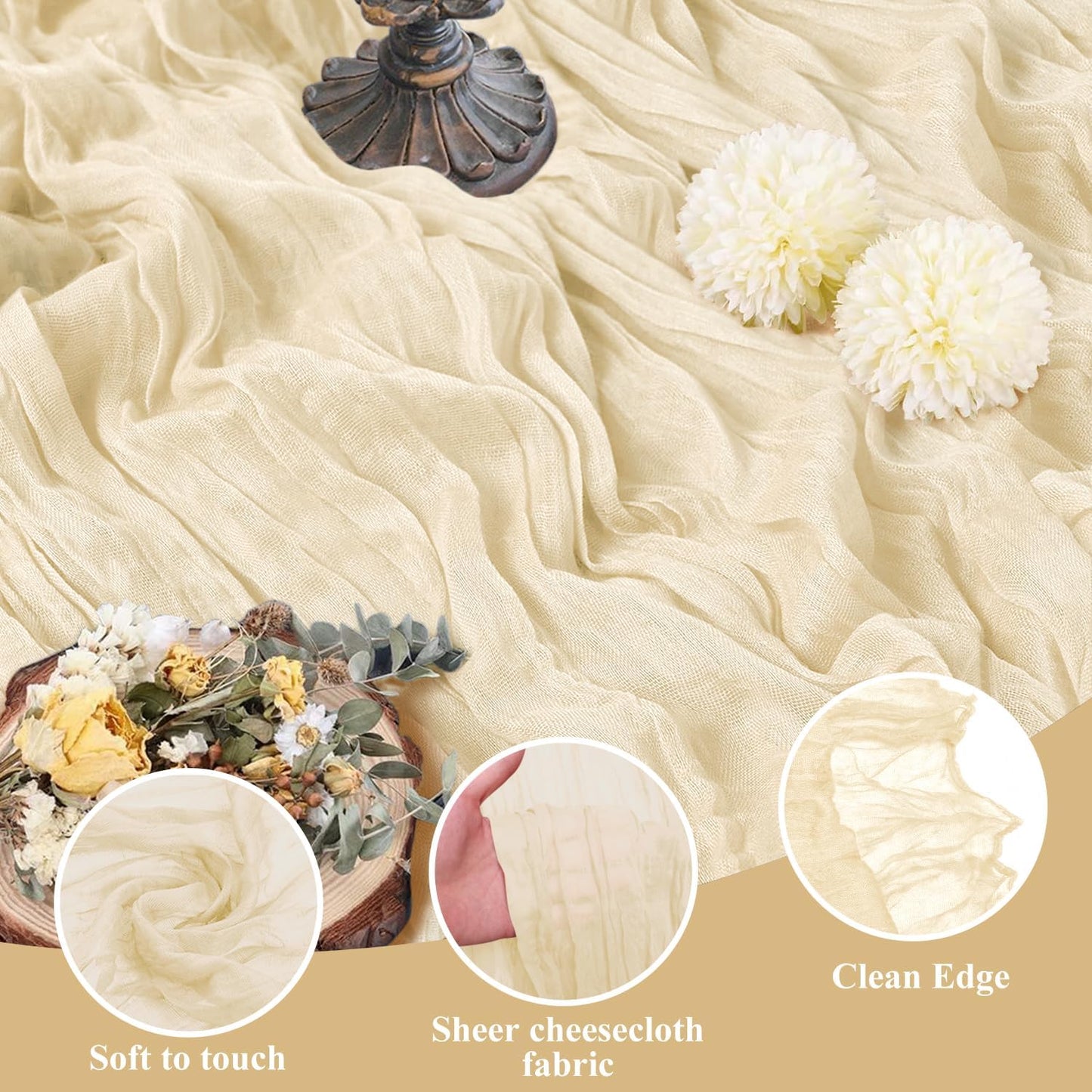 Asee'm 3pcs Cheesecloth Table Runner 120 Inches Long Beige Boho Gauze Cheese Cloth Runner 10FT Rustic Sheer Table Runners for Christmas Wedding Party Baby Shower Spring Easter Decoration