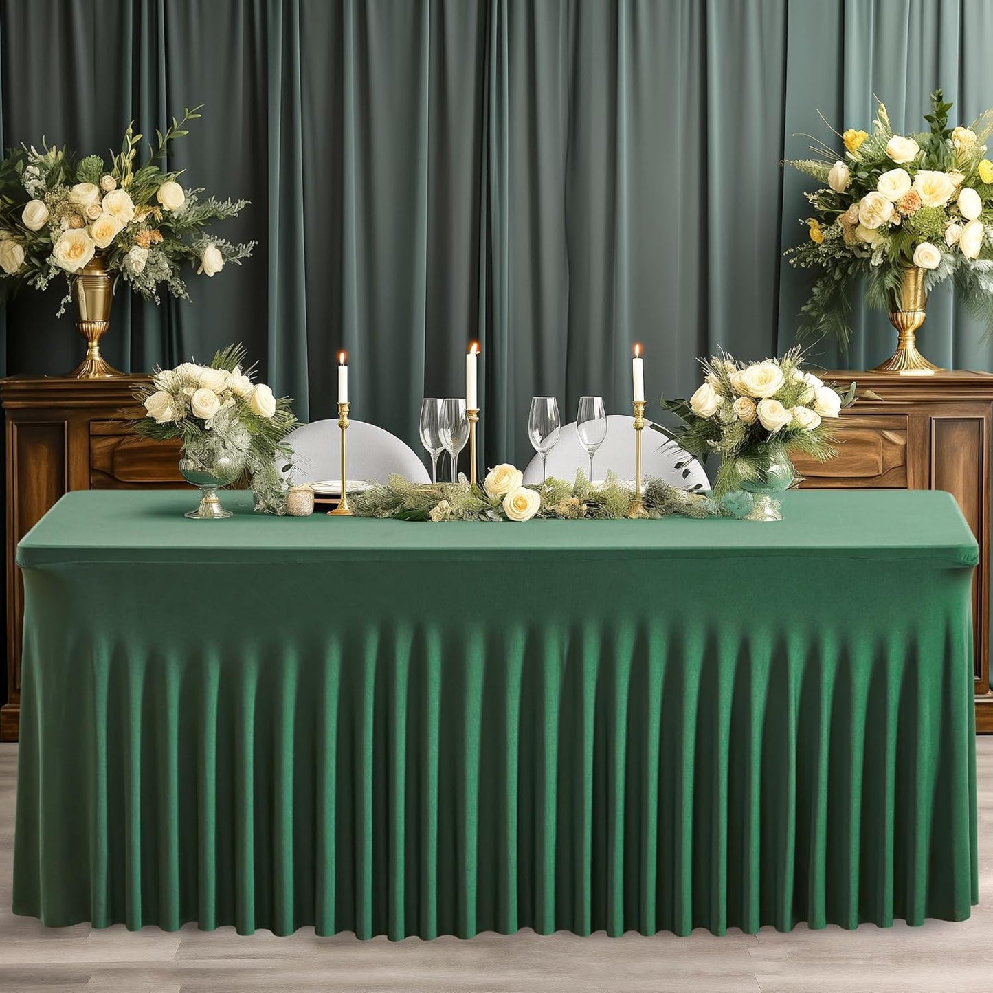 Wish Care 2 Pack Hunter Green Stretch Spandex Table Clothes for 6 Foot Rectangle Tables, 6FT Wrinkle Free Fitted Tablecloths Ruffles Design Table Cover for Party, Banquet, Wedding and Events