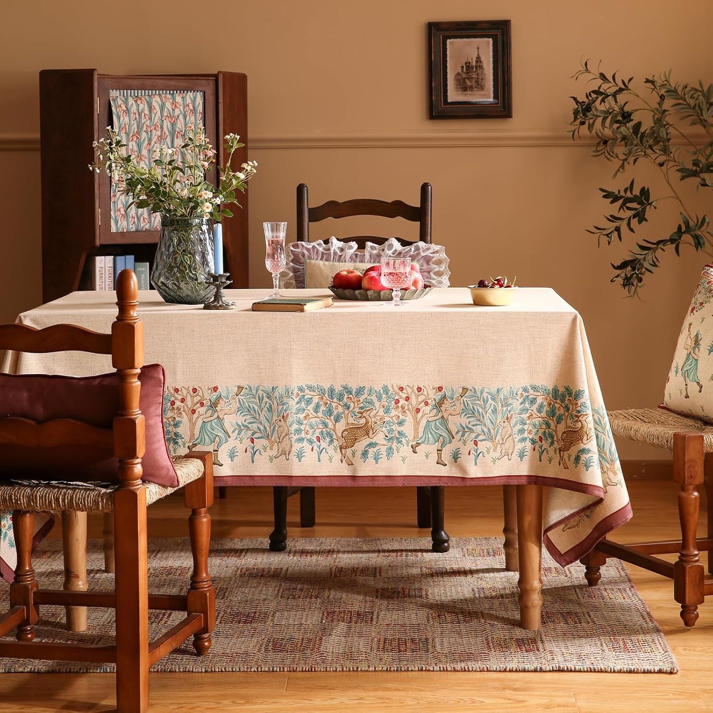patdrea Designer French Beige Long Tablecloth for Rectangle Table,Vintage Breathable Linen Trees Pattern Table Cloth,Decor Cover for Kitchen Dining Christmas,Thanksgiving,63"x94"-Tatiana D
