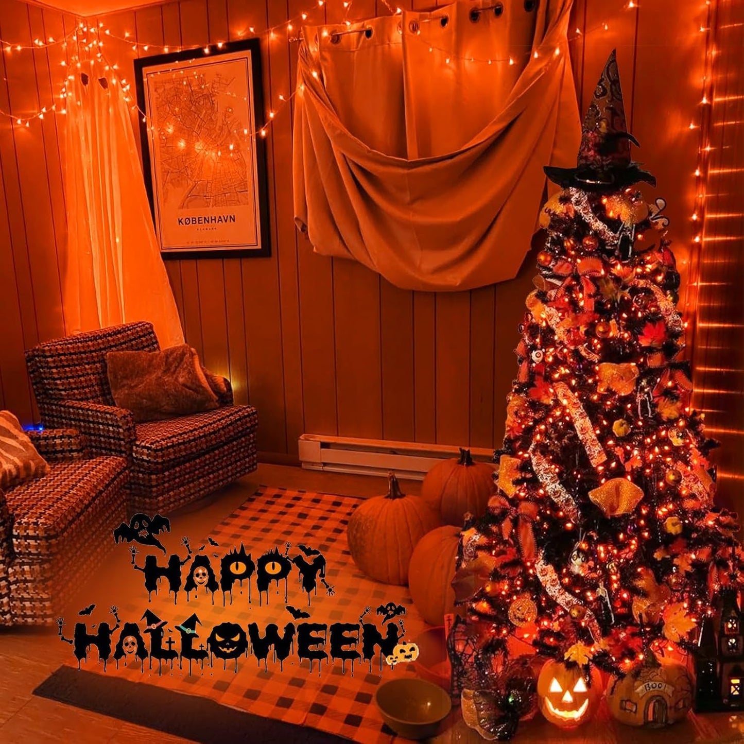YEGUO 165ft 500 LED Halloween Lights Outdoor Waterproof, Orange String Lights Indoor Plug in, 8 Modes Clear Wire Orange Lights for Halloween