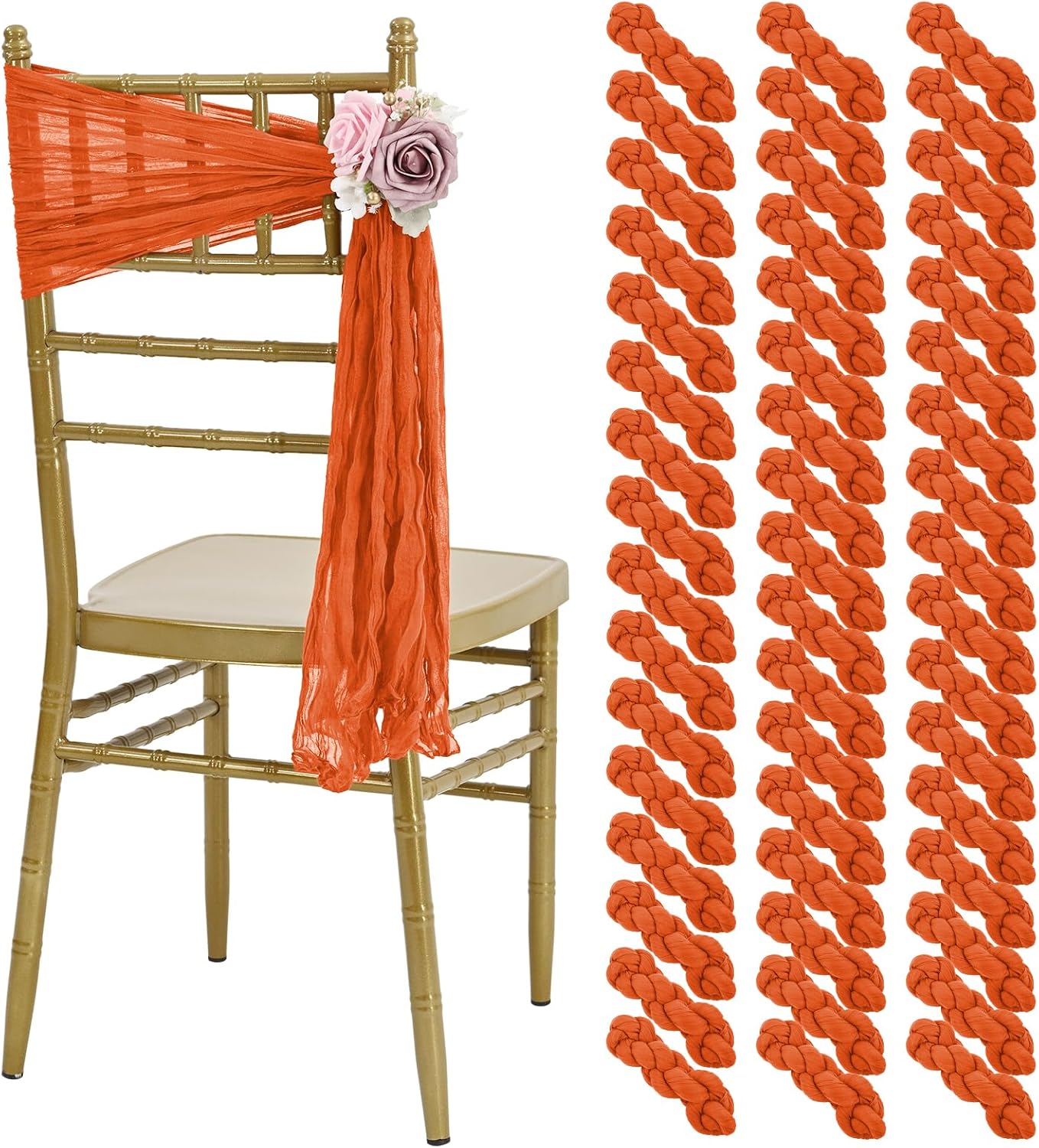 50 PCS Cheesecloth Chair Sashes, Bows Designed ChairSashes, 15.7x70 inch Chair Sashes for Aisle Decorations Universal Chairs Cover Decoration for Wedding Reception Party Banquet (Burnt Orange)