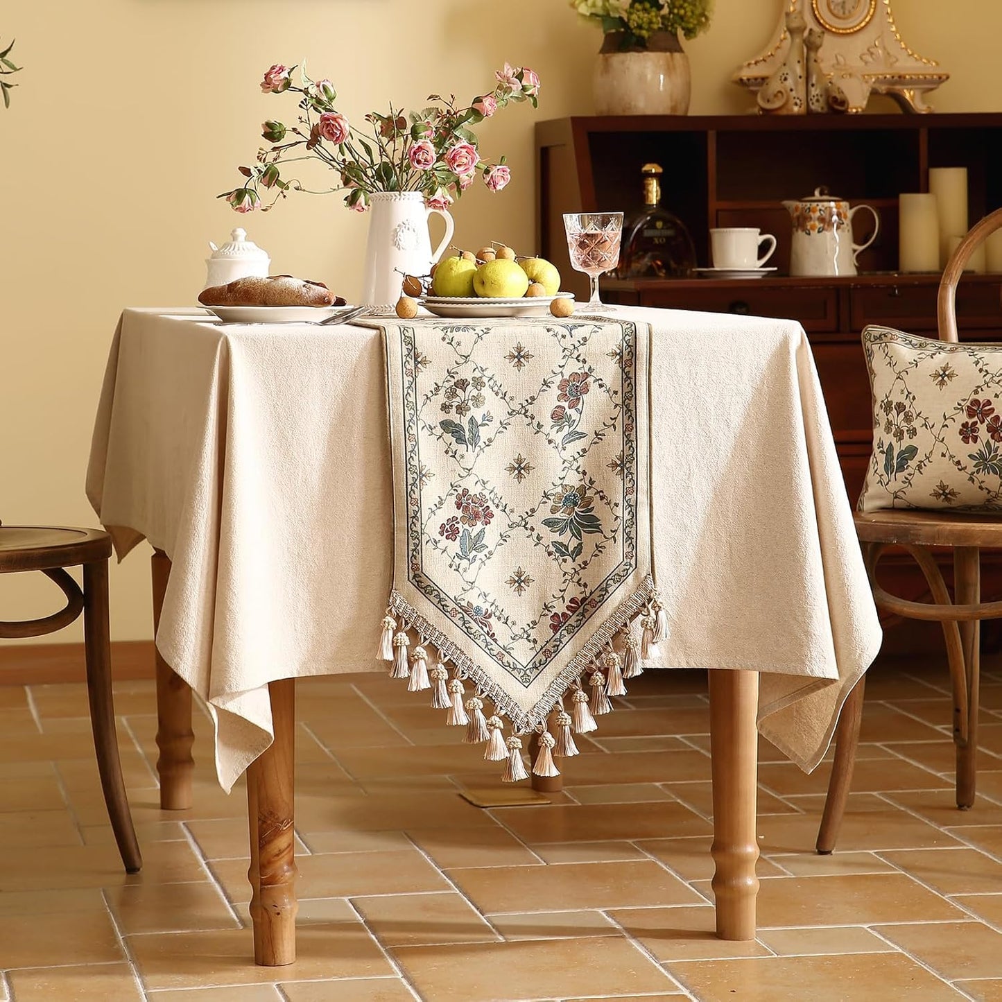 patdrea Designer Vintage Floral Linen Table Runner 87 Inch Long, Beige Cottage Rustic Bouquets Pattern Table Mat,Decor for Kitchen Dining Coffee Table Shelf Cabinet Banquet Christmas ,12"*87"