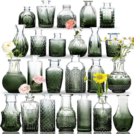 Glass Bud Vases Set, 24 Pcs Gradual Green Glass Vases in Bulk, Vintage Clear Small Set for Centerpieces, Green Rose Mini Design for Flowers Rustic Wedding Decorations Table Home Decor