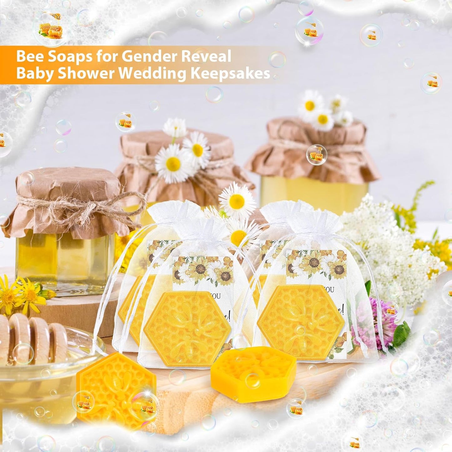 Demissle 50 Set Bee Themed Baby Shower Favors Including Honeycomb Soap with Thank You Card Gift Bags Honey Soap Gift for Guest Gender Reveal Party Decorations Baby Shower Game Prizes