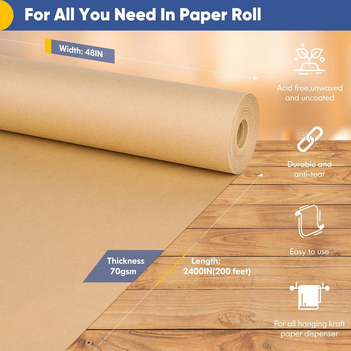 Vanhench 48"x 2400" (200') Brown Jumbo Roll Wrapping Paper, Kraft Craft Paper Roll for Bulletin Board Kids Arts Crafts Packing Shipping Poster Construction, Christmas Wrapping Paper