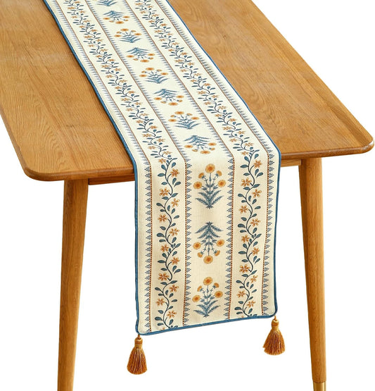 ISAENNE Designer Pale Yellow Elegant Linen Extra Long Table Runner 118 Inches,French Floral Pattern Elegant Table Runners for Dining Tables,Thanksgiving,Kitchen Tables,Christmas,12"*118"-Estevan A