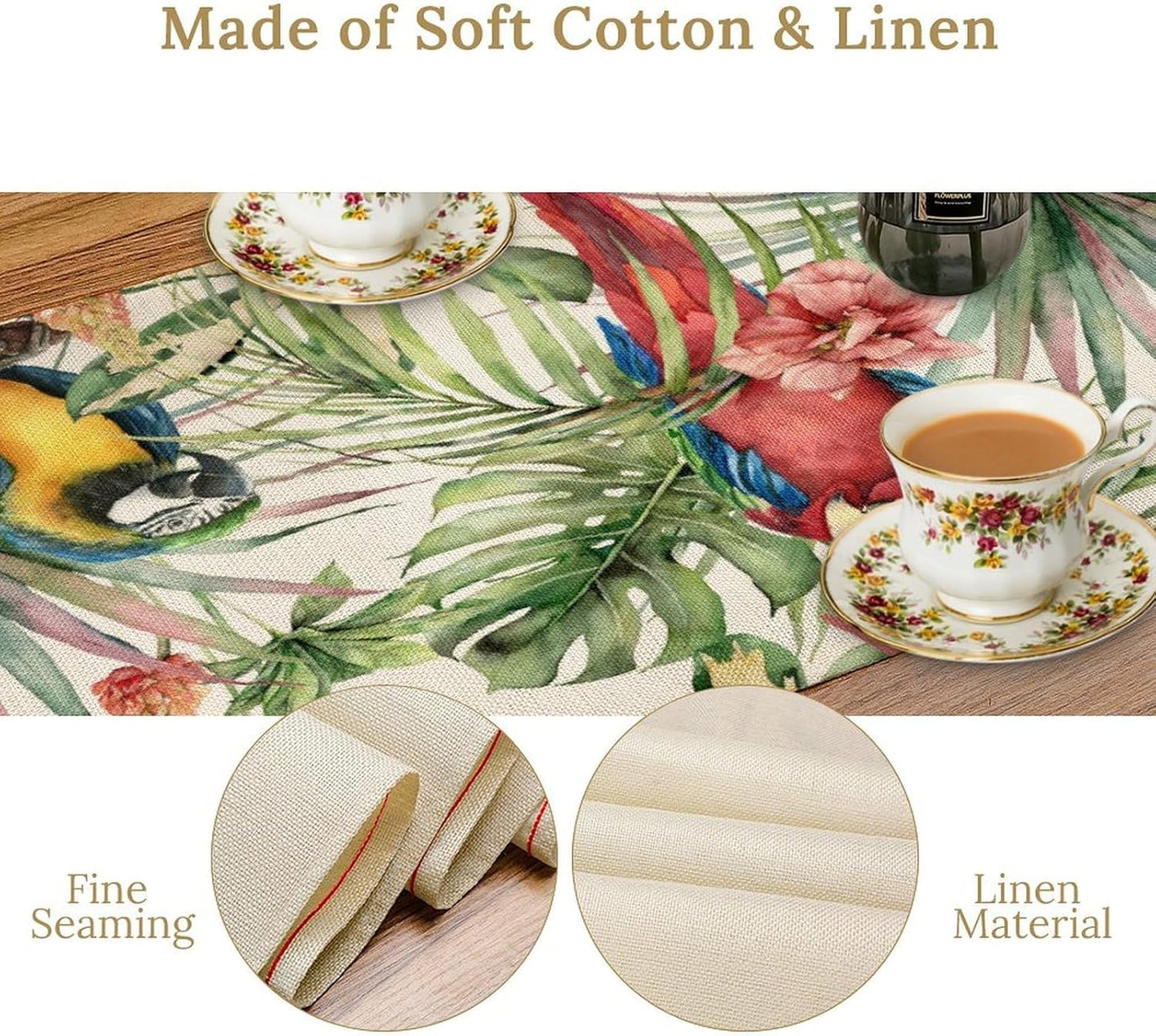 Parrot Table Runner,Tropical Palm Leaf Colorful Macaw Bird Watercolor Print Tablecloth Burlap for Hotel Indoors Outdoor Dining Room Kitchen Home Decor,W13X L70 in