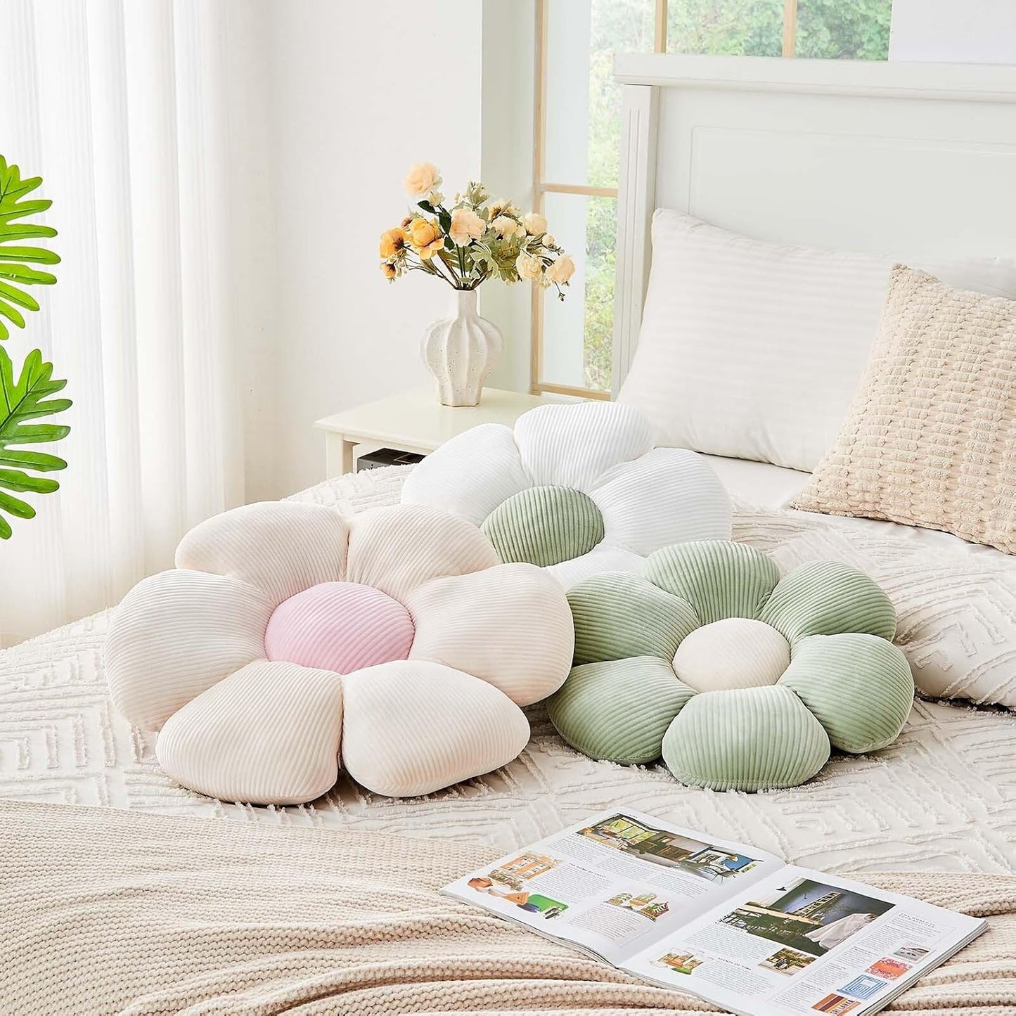Beige Flower Pillow, 19.6" Cute Flower Shaped Floor Pillow, Aesthetic Floral Plush Daisy Decorative Throw Pillows for Bed Sofa Couch