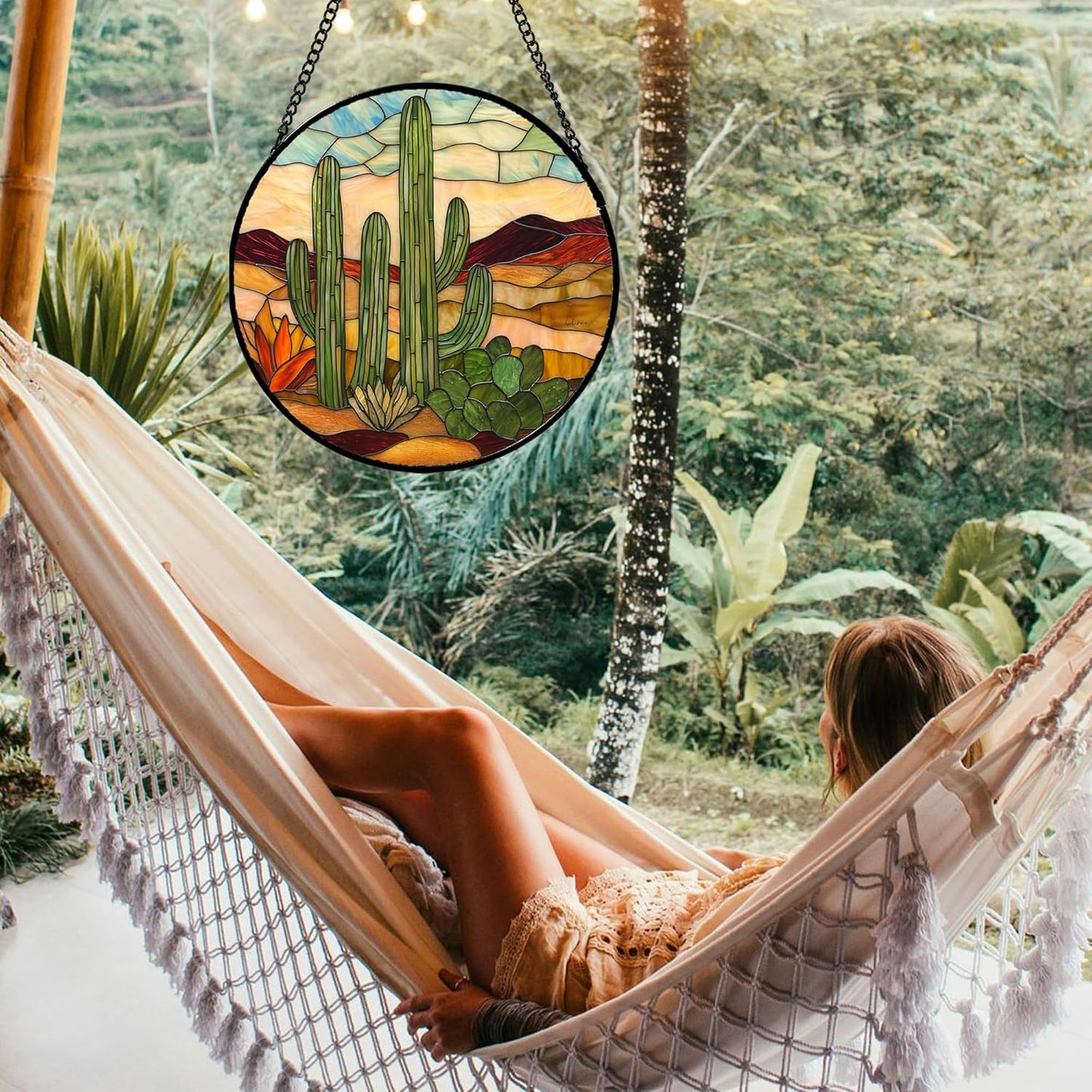 Stained Glass Window Hanging, Green Cactus Sun Catcher for Door Terrace Garden Home Decor, Abstract Desert Landscape Suncatcher Birthday Gifts for Lovers Women Men Dad Mom Nana 7.8 in
