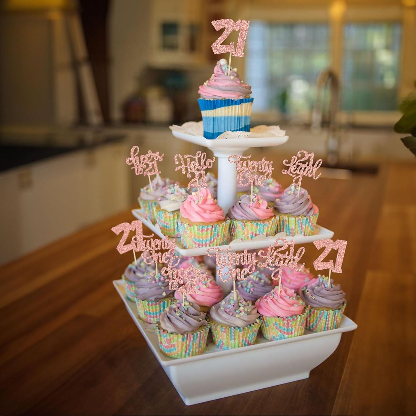 30pcs 21st Birthday Cupcake Toppers - Legal 21st Cupcake Picks - Cheers to 21 Years Old Cake Decorations - Rose Gold Glitter