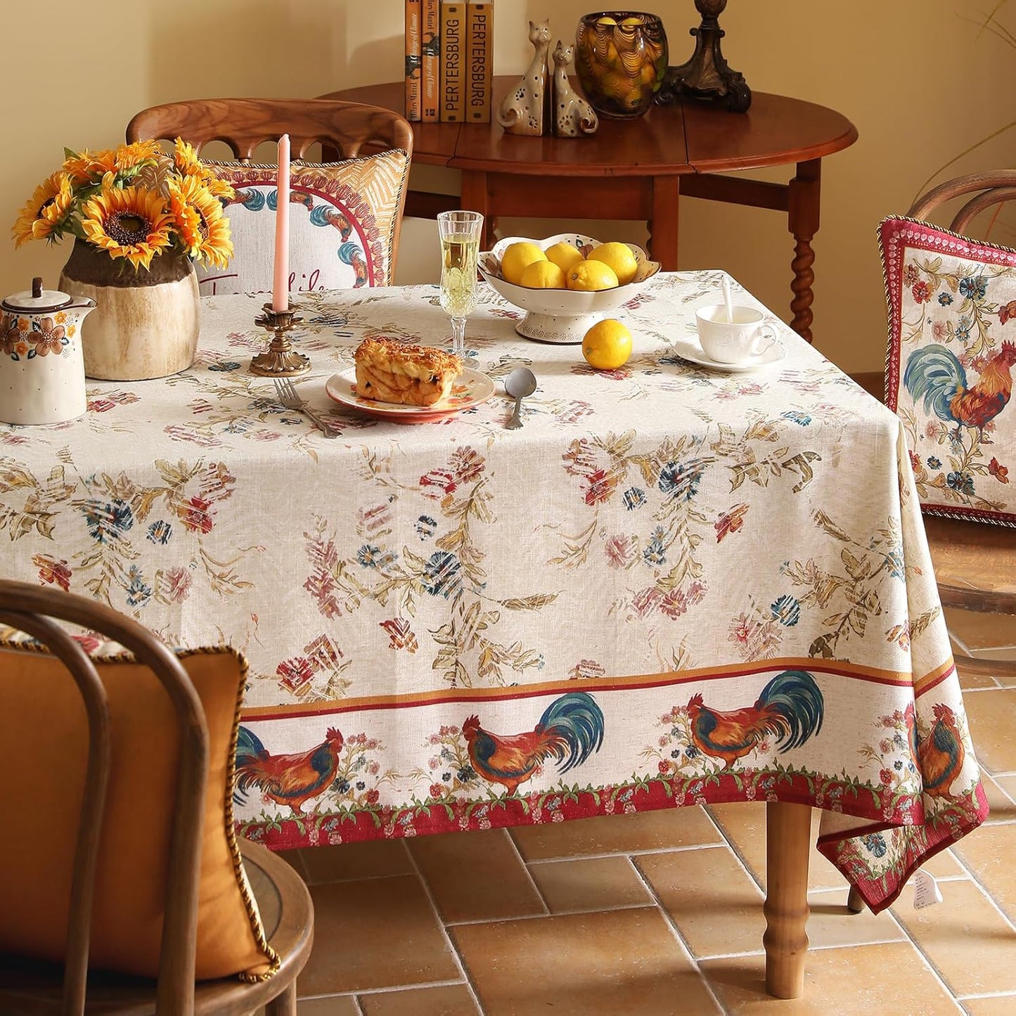 patdrea Designer Linen Red Long Rectangle Tablecloth,Vintage French Animals Pattern Tablecloths,Decoration Floral Table Cover for Kitchen Dining Christmas,Party,Thanksgiving,63"x94"-Townlife E