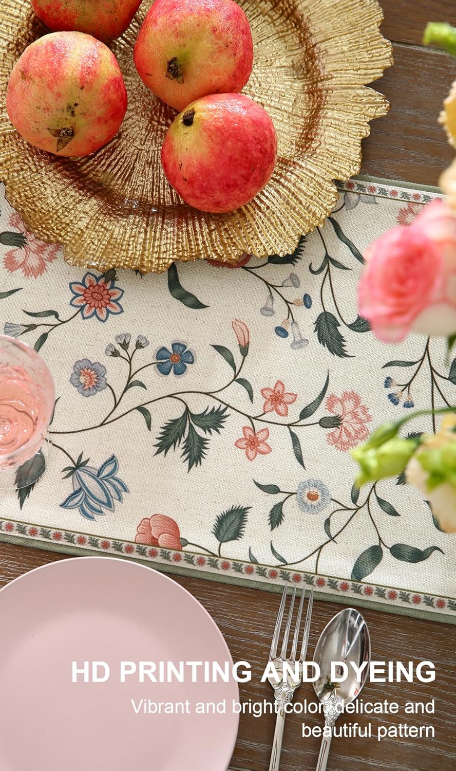 ISAENNE Designer Chinoiserie Elegant Linen Floral Table Runner 87 Inches Long,White Wrinkle Resistant Table Runners for Dining Tables,Thanksgiving,Kitchen Tables,Christmas,12"*87"-Daffy A