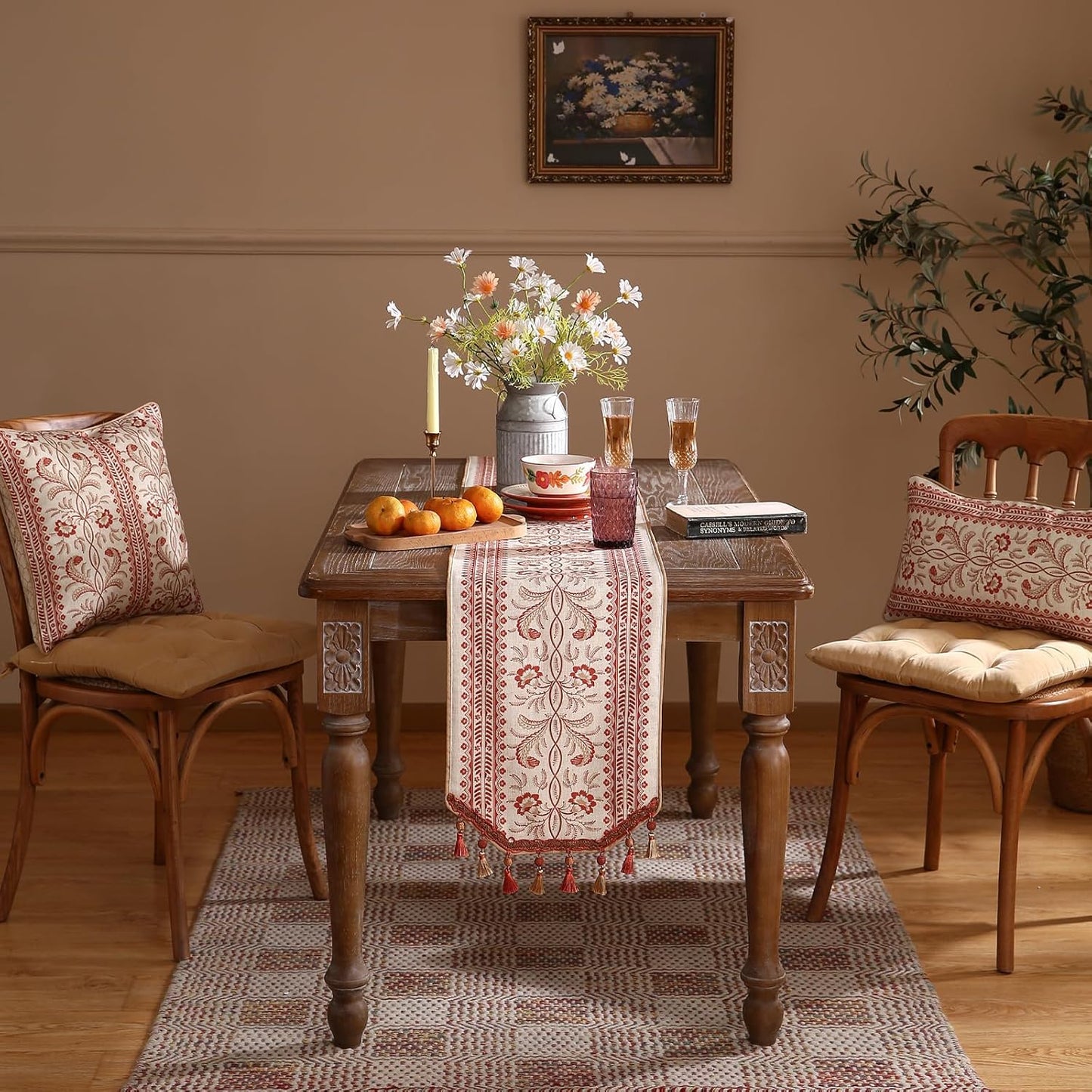 ISAENNE Designer Vintage Linen Table Runner 71 Inches Long,Red Floral Pattern Modern Decor Table Runners for Dining Tables,Thanksgiving,Kitchen Tables,Christmas,Banquet,12"*71"-Chamonix A