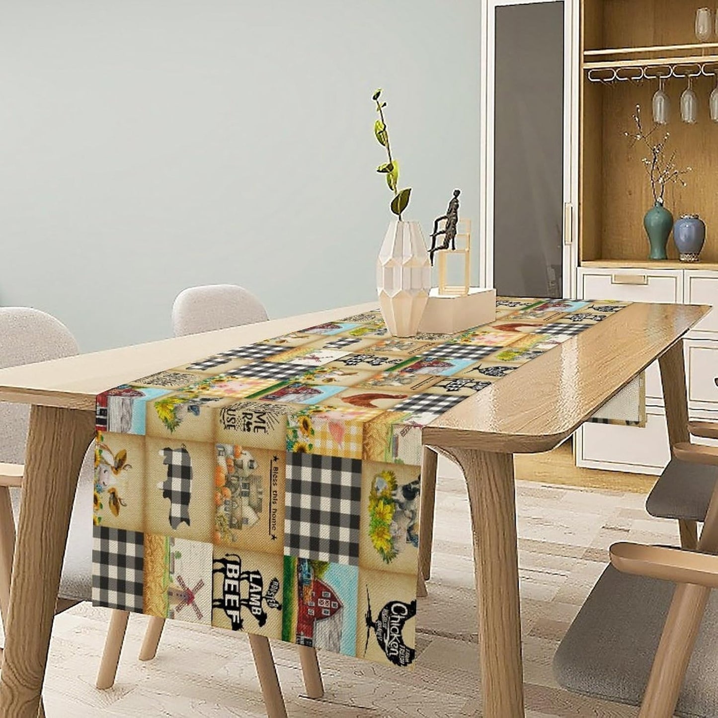 Farmhouse Animals Table Runner,Rustic Cabin Pig Chicken Cow Sunflowers Geometric Grids Burlap for Hotel Indoors Outdoor Dining Room Kitchen Holiday Party, 13x80in