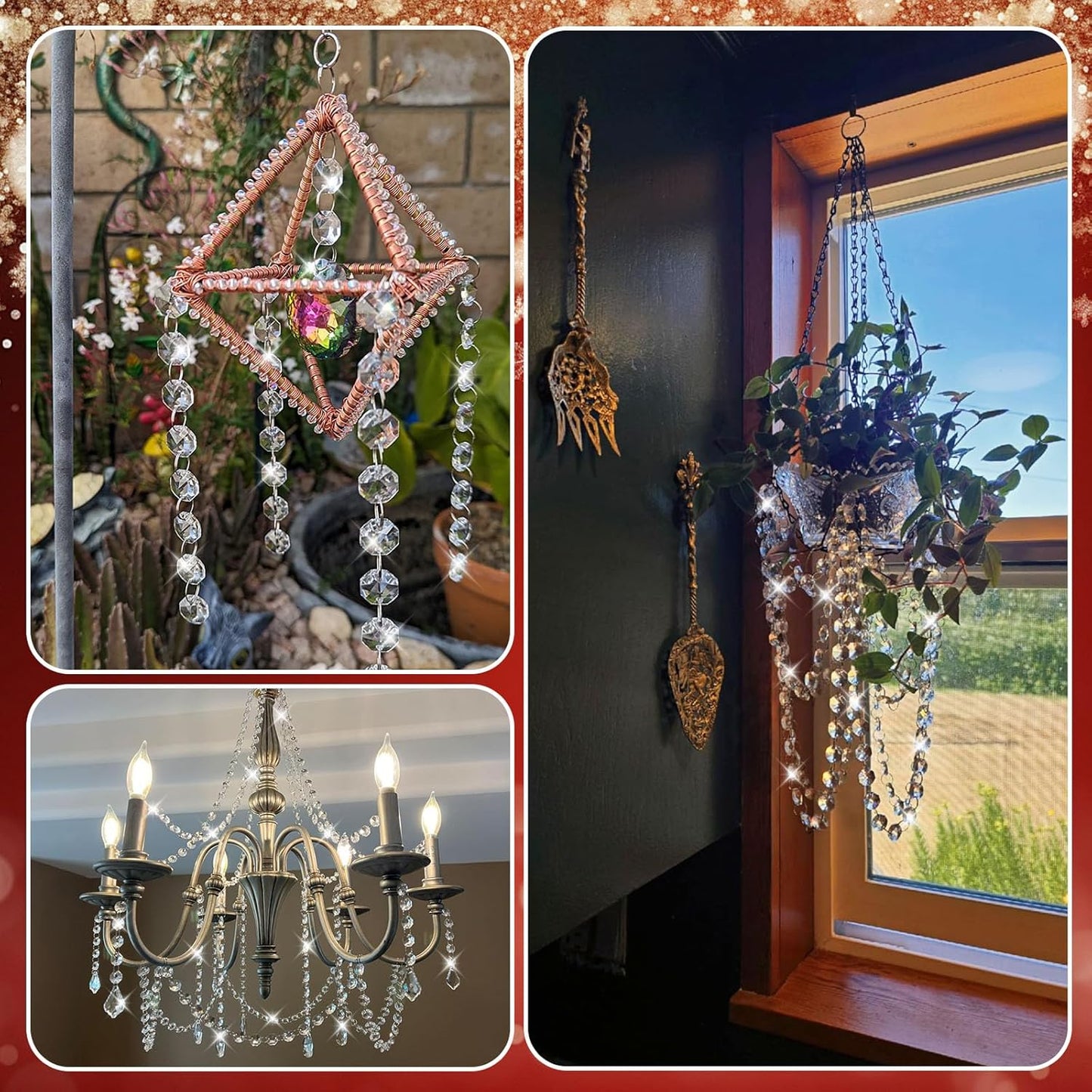 10 PCS Crystal Garland Strands, 33ft Hanging Crystal Strings for Window Curtains Doorway Decorations, Acrylic Clear Maple Leaf Crystal Ornaments for Christmas Tree, Wedding Party Home Chandelier Decor