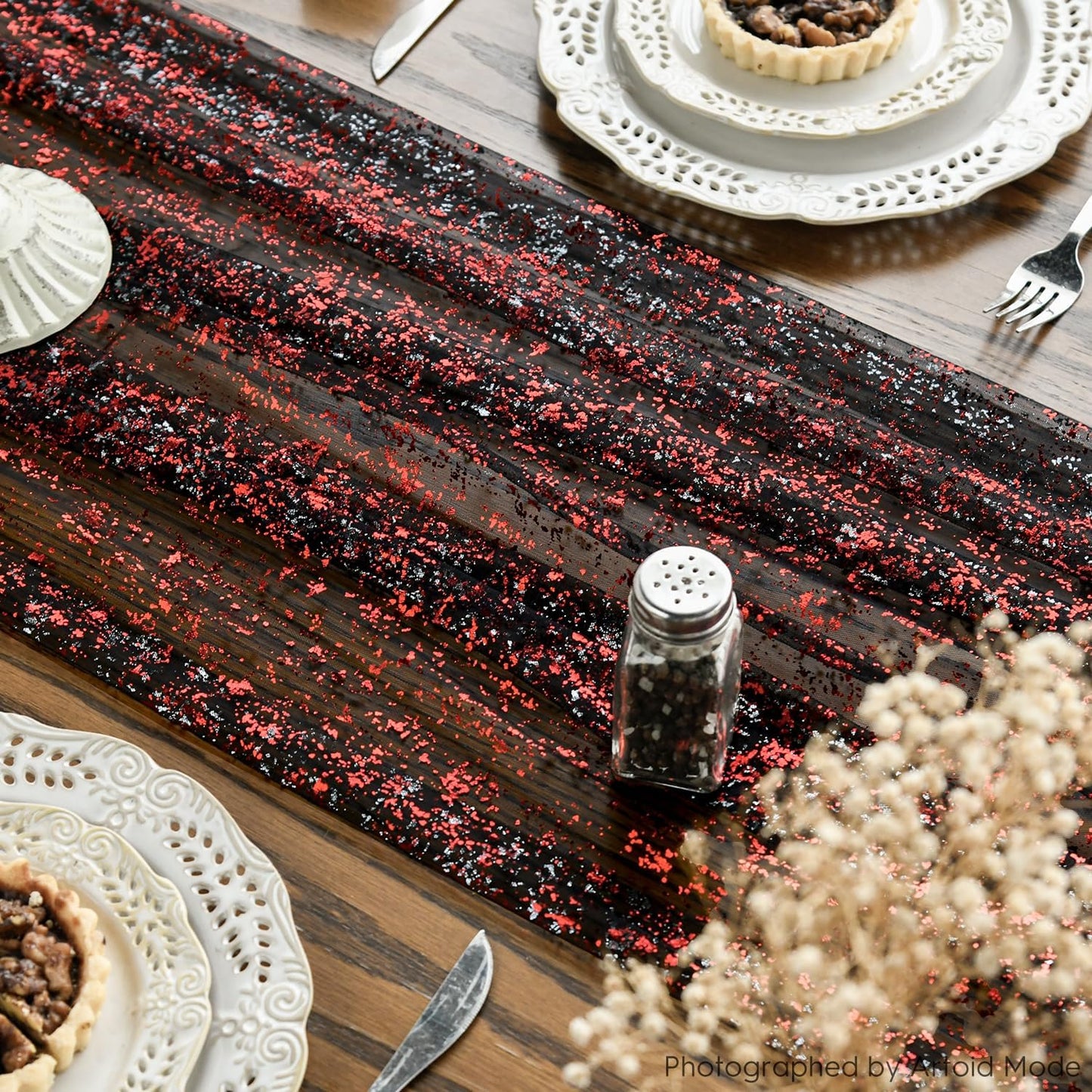 Artoid Mode 3PCS Black Red Gold Gauze Table Runner 120 Inch 10FT, Glitter Metallic Foil Sheer Dining Wedding Anniversary Holiday Table Decor for Home Party