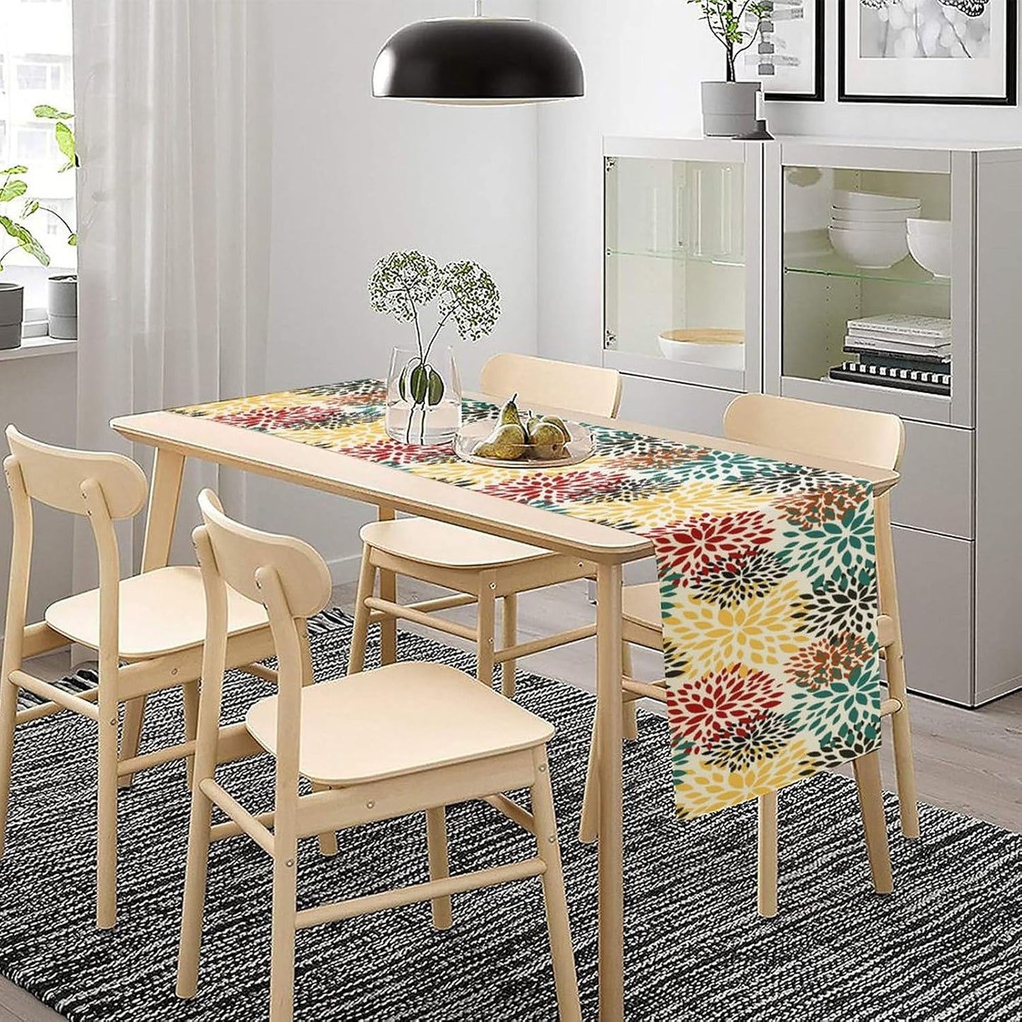 Green Red Dahlia Flower Table Runner Chrysanthemum Geometric Kitchen Dining Bedroom Living Room Table Decor for Indoor Outdoor Home Party, 13x36 Inch
