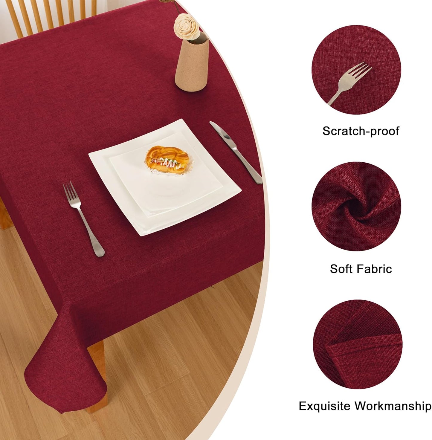 Hiasan Faux Linen Rectangle Tablecloth - Wrinkle and Stain Resistant Washable Table Cloth for Kitchen Dining Room Holiday Table Cover for Dinner, Red, 90 x 156 Inch