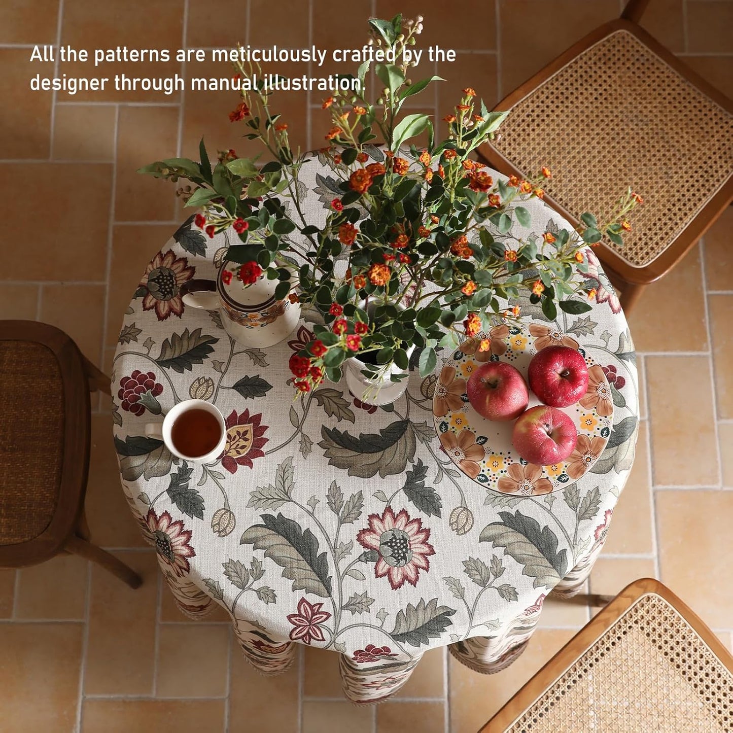 ISAENNE Designer Provence Floral Round Tablecloth,Linen Colorful Washable Indoor Table Cloth,Durable Home Decor Tablecloths for Dining Thanksgiving Kitchen Christmas,Diameter 67"-Ratina