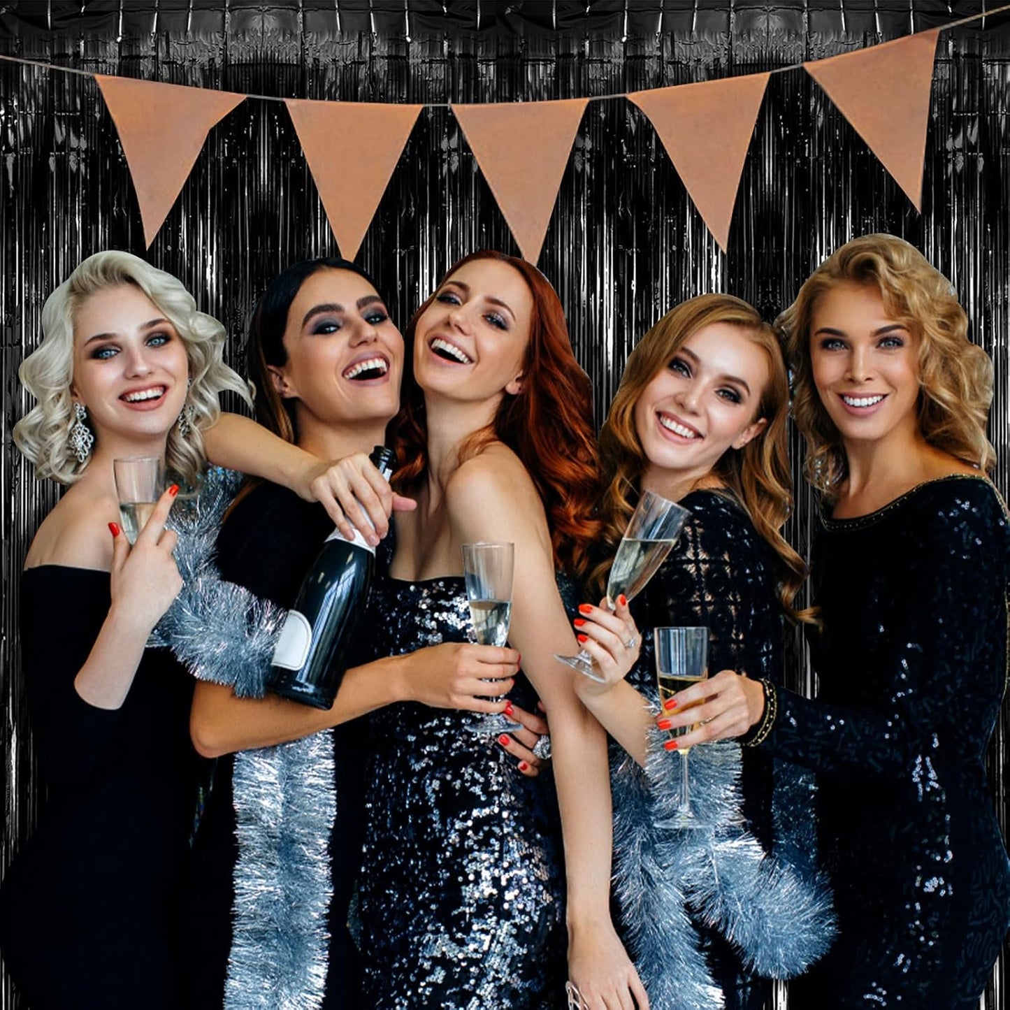 10 Pack Foil Curtain Backdrop Black Metallic Tinsel Foil Fringe Curtains Photo Booth Props for Birthday Wedding Engagement Baby Shower Bachelorette Christmas Holiday Celebration Party