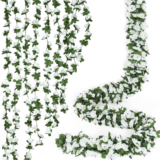KHOYIME 18 Pack 144 FT Artificial Flower Garland, Fake White Roses Vines Silk Flowers Faux Plastic Outdoor Hanging Floral Ivy Garland Decoration for Wedding Arch Bedroom Home Wall Backdrop Room Decor