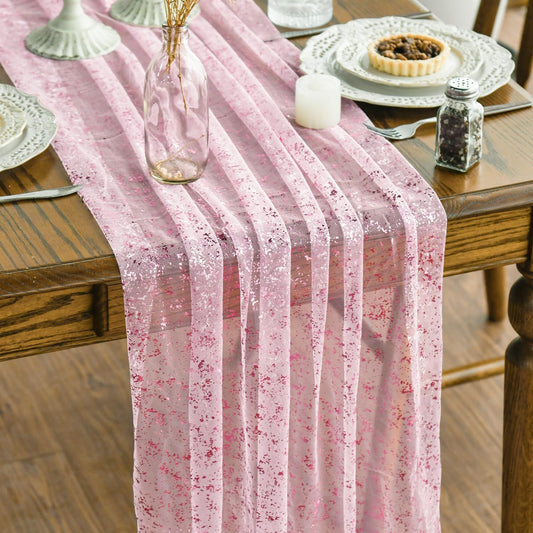 Artoid Mode 6PCS Pink Gold Gauze Table Runner 120 Inch 10FT, Glitter Metallic Foil Sheer Dining Wedding Anniversary Holiday Table Decor for Home Party