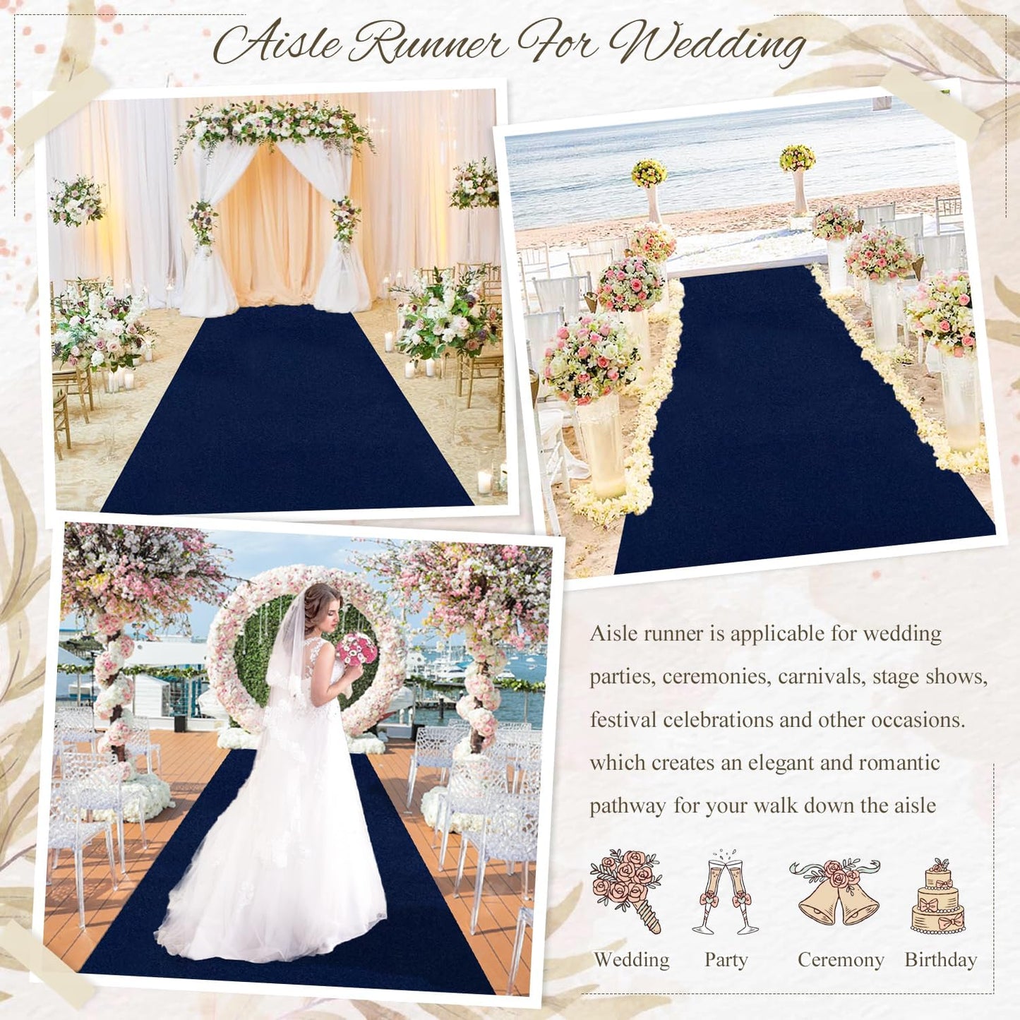 MODFUNS Aisle Runners for Wedddings Navy Blue Aisle Runner Rug 4FTx25FT Velvet Carpet Wedding Runner Bridal Shower Runway Carpet with Carpet Tapes Vintage Wedding Rug Beach Party Decorations