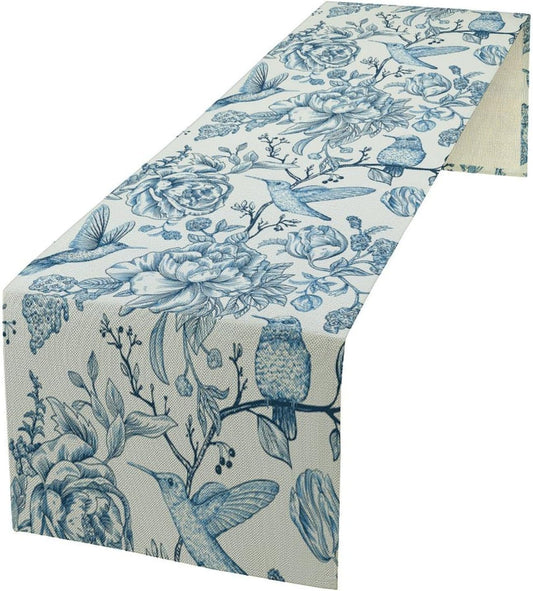 Blue White Table Runner Retro Monochrome Sketch Birds Flower Vintage Floral Kitchen Dining Table Decoration for Home Party Holiday 13"x60"