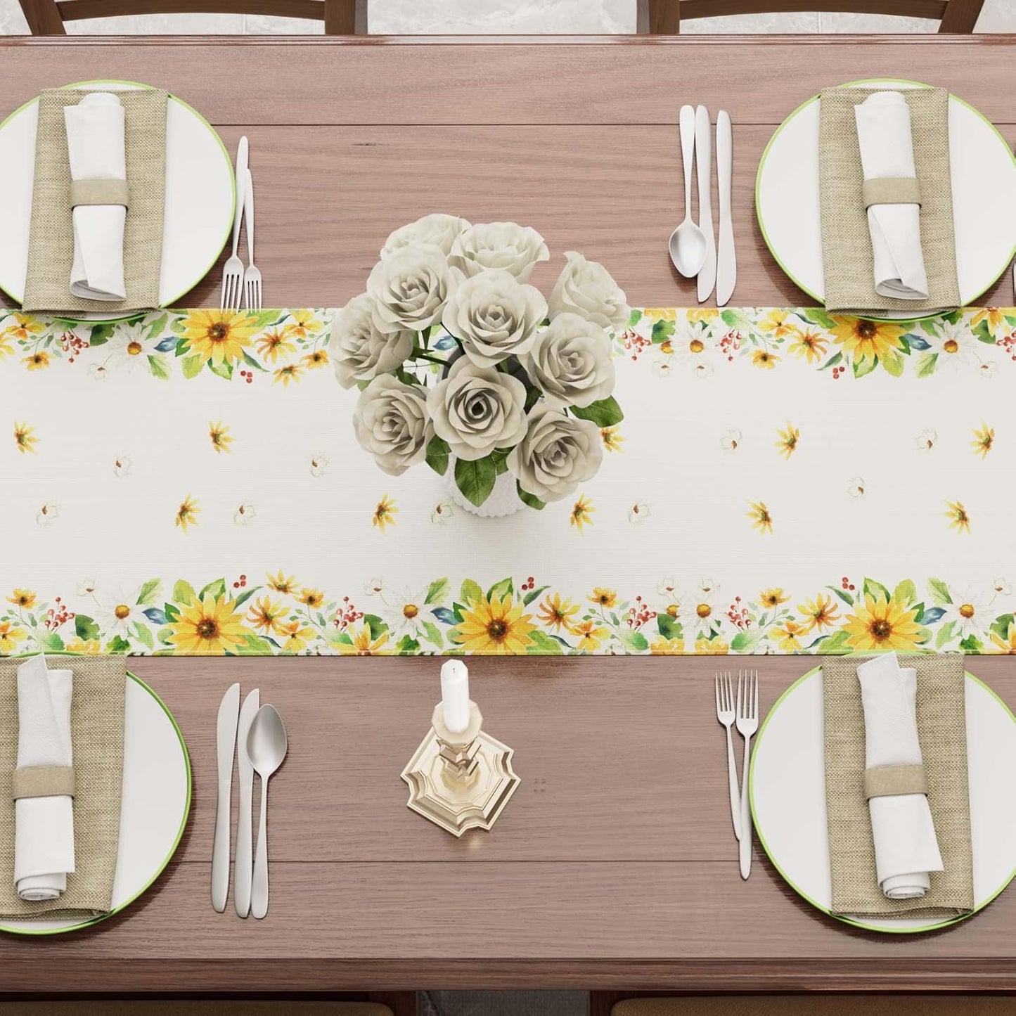 XCHI Yellow White Daisies Flowers Gnomes Spring Table Runner Burlap Table Decoration for Summer Seasonal Home Kitchen Dining Dinner Indoor Holiday Farmhouse Decor 13x108 Inch