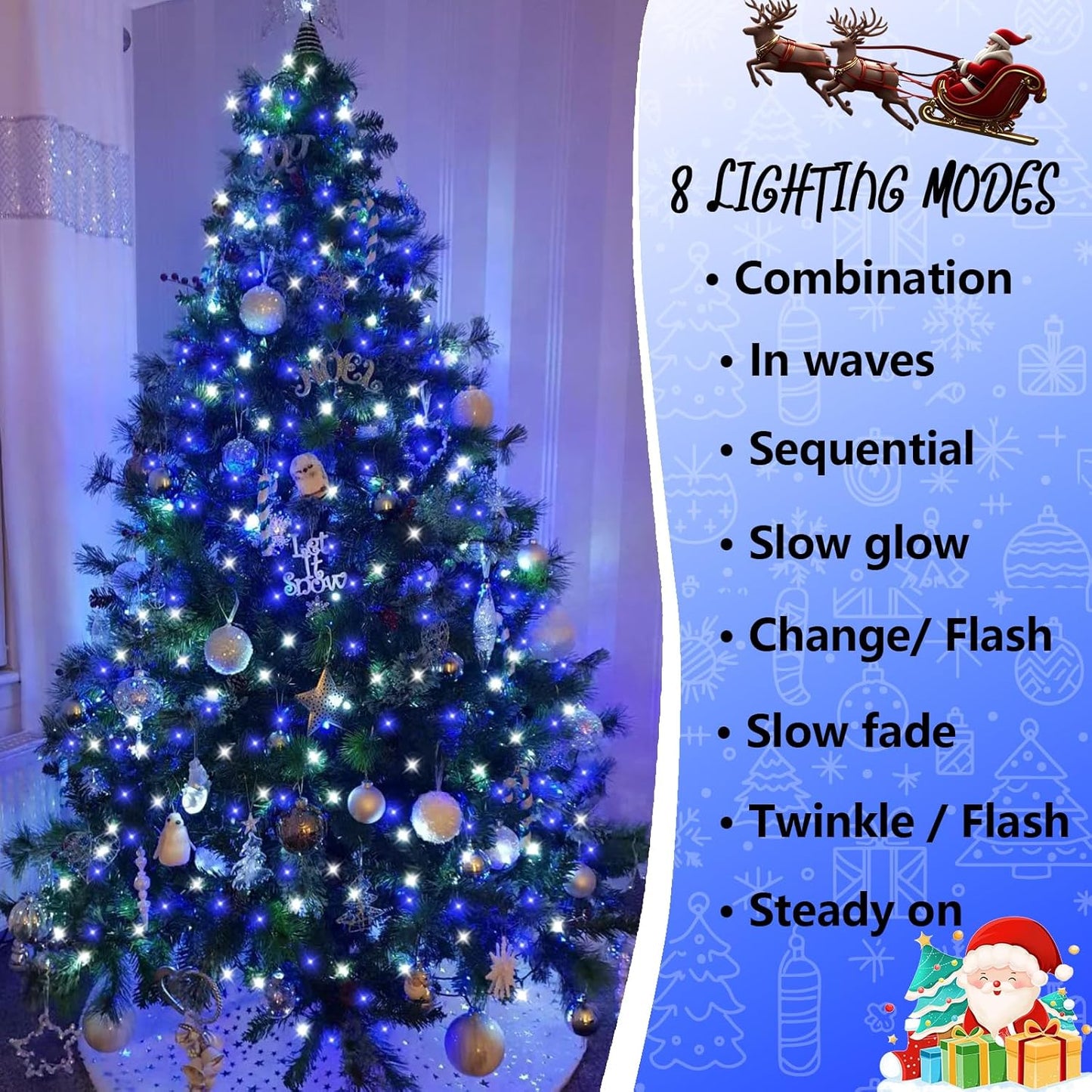 YEGUO 165ft 500 LED Blue and White Christmas Lights Outdoor Waterproof, Clear Wire String Lights Indoor Plug in, 8 Modes Clear Wire Twinkle Tree Light for Xmas Party Garden
