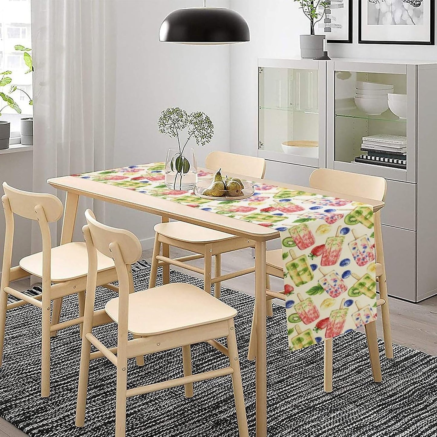 Ice Cream Table Runner, Watercolor Fruit Ice Popsicles Berry Kiwi Cold Summer Desserts Seasonal Dinner Runner for Party Holiday Home Kitchen Dining Table Decor 13"x90"