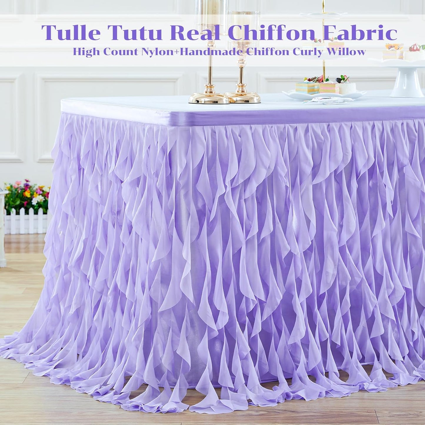 PARTISKY Lavender Purple Tulle Curly Willow Table Skirt for Rectangle Table 9ft, Ruffle Tutu Table Cloth for Girls Boys Baby Shower,Mermaid Birthday Party