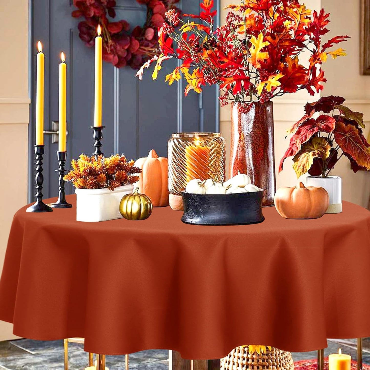 sancua Thanksging Round Tablecloth 70 Inch(Fits 20-58 Inch Tables) Burnt Orange - Water Resistant Spill Proof Washable Polyester Fall Table Cloth Decorative Fabric Table Cover for Dining Parties, Rust