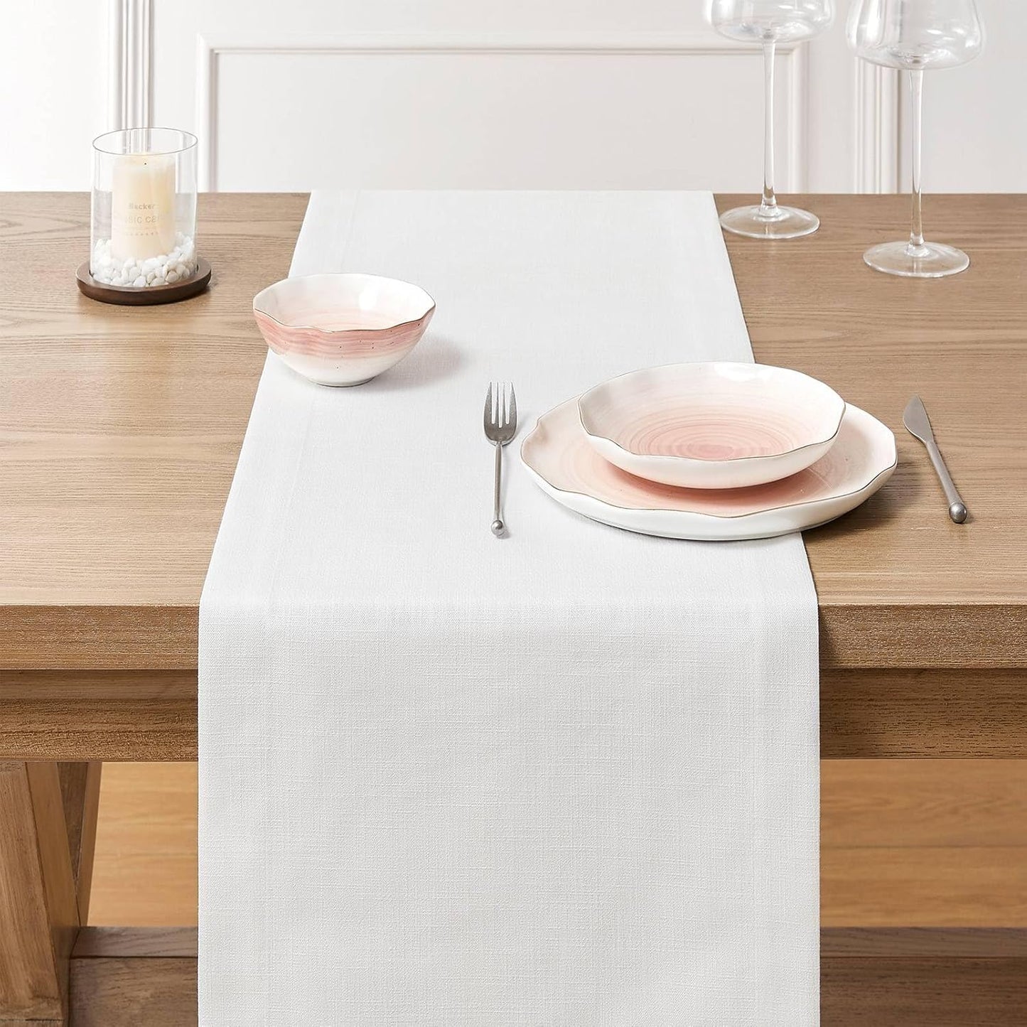 ZeeMart Linen Textured Border Table Runner, 14 x 48 Inch White, Farmhouse Style White Table Runners 48 Inches Long, Easy Care Everyday Polyester Table Runner