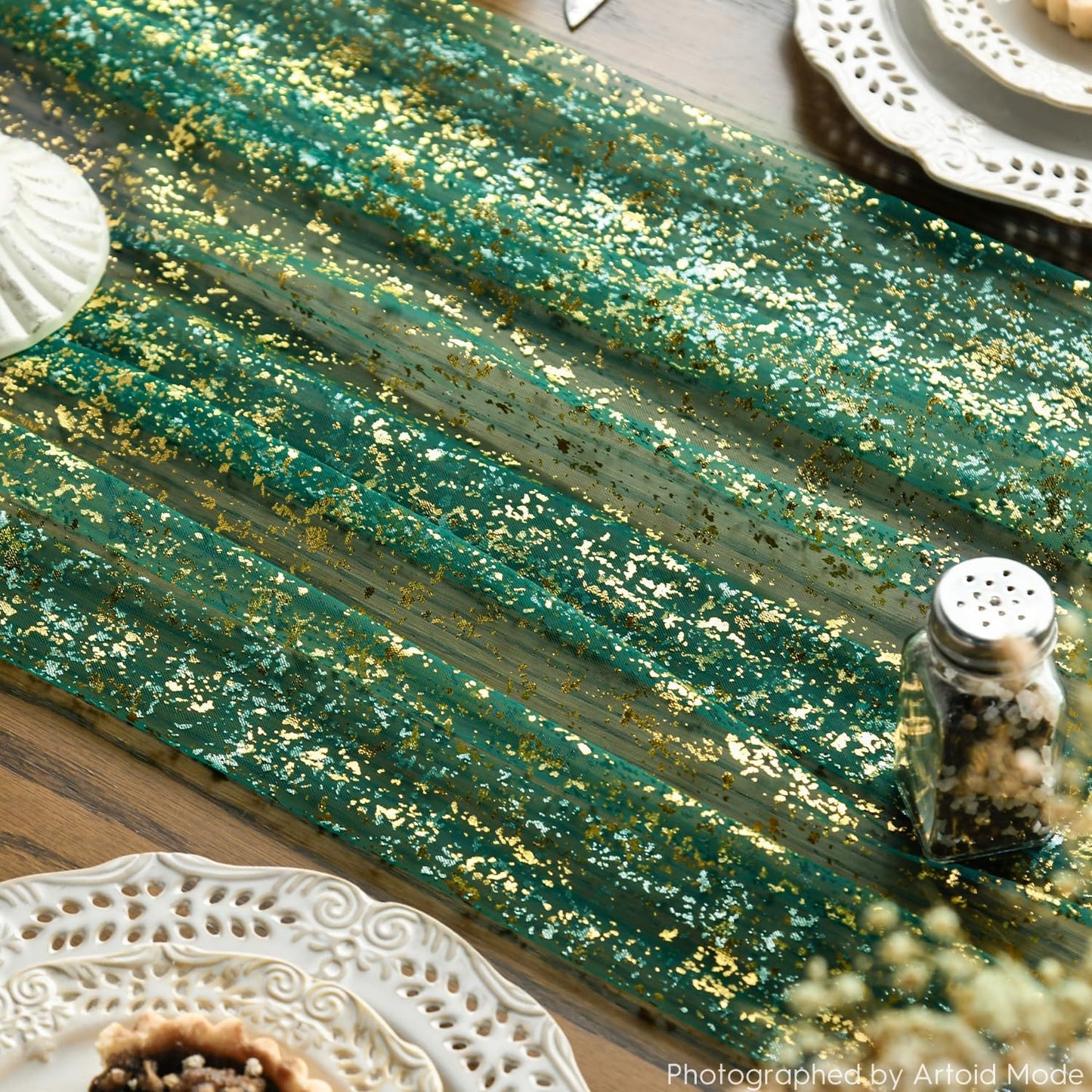 Artoid Mode 3PCS Green Gold Gauze Table Runner 120 Inch 10FT, Glitter Metallic Foil Sheer Dining Wedding Anniversary Holiday Table Decor for Home Party