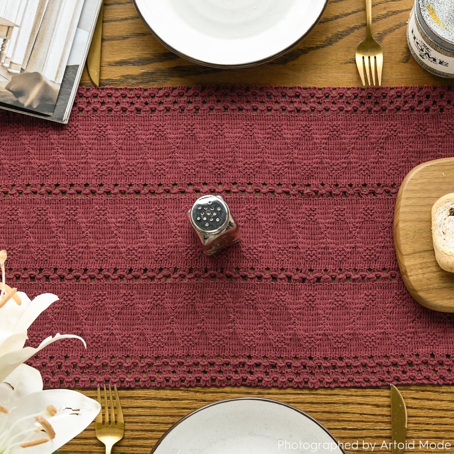 Artoid Mode Red Farmhouse Woven Rustic Hollow Table Runner, Seasonal Holiday Hollow Kitchen Dining Table Decoration for Home Party Decor 12x48 Inch