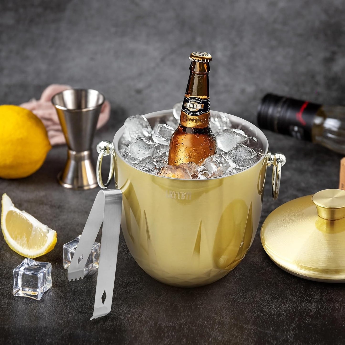 Ice Buckets for Parties with Lid,Tongs and Strainer (3L/Gold) Double Wall Stainless Steel Ice Bucket Keeps Frozen Longer,Ideal Perfect for Parties, Cocktail bar, Chilling Wine, Champagne