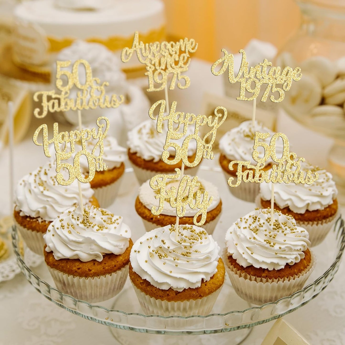 30Pcs Vintage 1975 Cupcake Toppers Glitter Fifty Happy 50th Birthday 50 Fabulous Cupcake Picks Cheers to 50 Years for 50th Birthday Wedding Anniversary Party Cake Decorations Supplies Gold