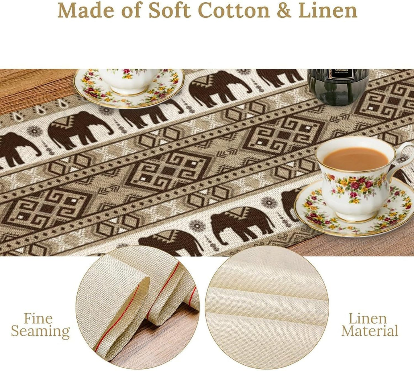 Ethnic Table Runner, Rustic Farmhouse Boho Indian Bohemian Elephant Aztec Tribal Print Beige Table Center Decor for Home Kitchen Dining Patio Holiday Party Indoor Table Decorations, 13"x72" Inch