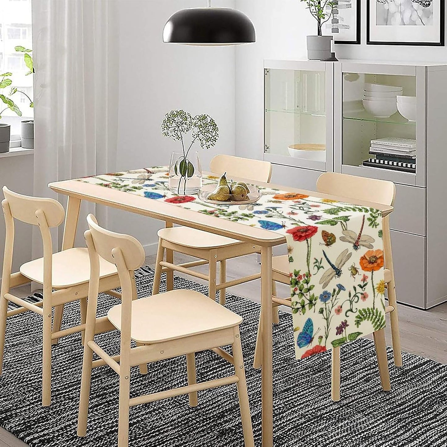 Vintage Botanical Flowers Table Runner, Seasonal Summer Plants Florals Butterfly Dinner Runner for Home Kitchen Dining Table Party Holiday Decoration 13"x120"
