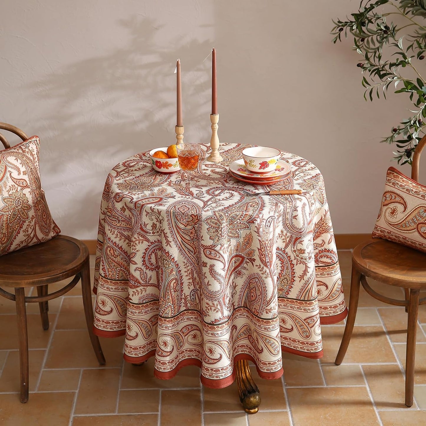 ISAENNE Designer French Red Round Tablecloth,Fall Linen Table Cloth with Cashew Pattern,Stain Proof Decor Tablecloths for Dining Thanksgiving Kitchen Christmas,Diameter 67"-Chauffrey D