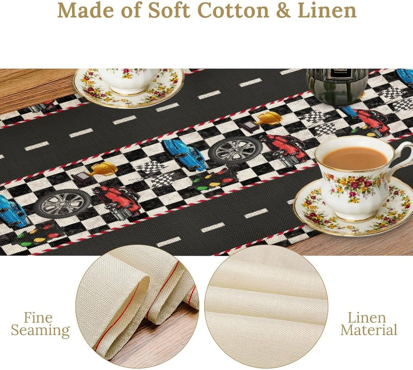 Race Car Table Runner,Checkered Flag Black and White Race Cars Pattern Print Tablecloth Burlap for Hotel Indoors Outdoor Dining Room Kitchen Home Decor,W13X L36 in