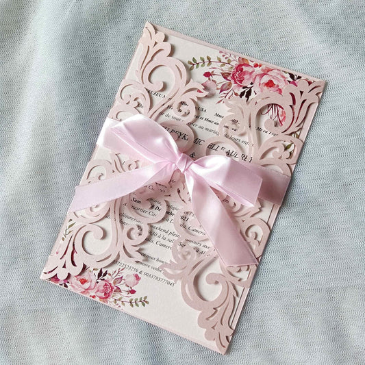25PCS Blush Pink Laser Cut Wedding Invitations Cards with Envelopes,Blank Inner Sheets,Ribbons for Wedding Bridal Shower Quinceañera Engagement Birthday Invites