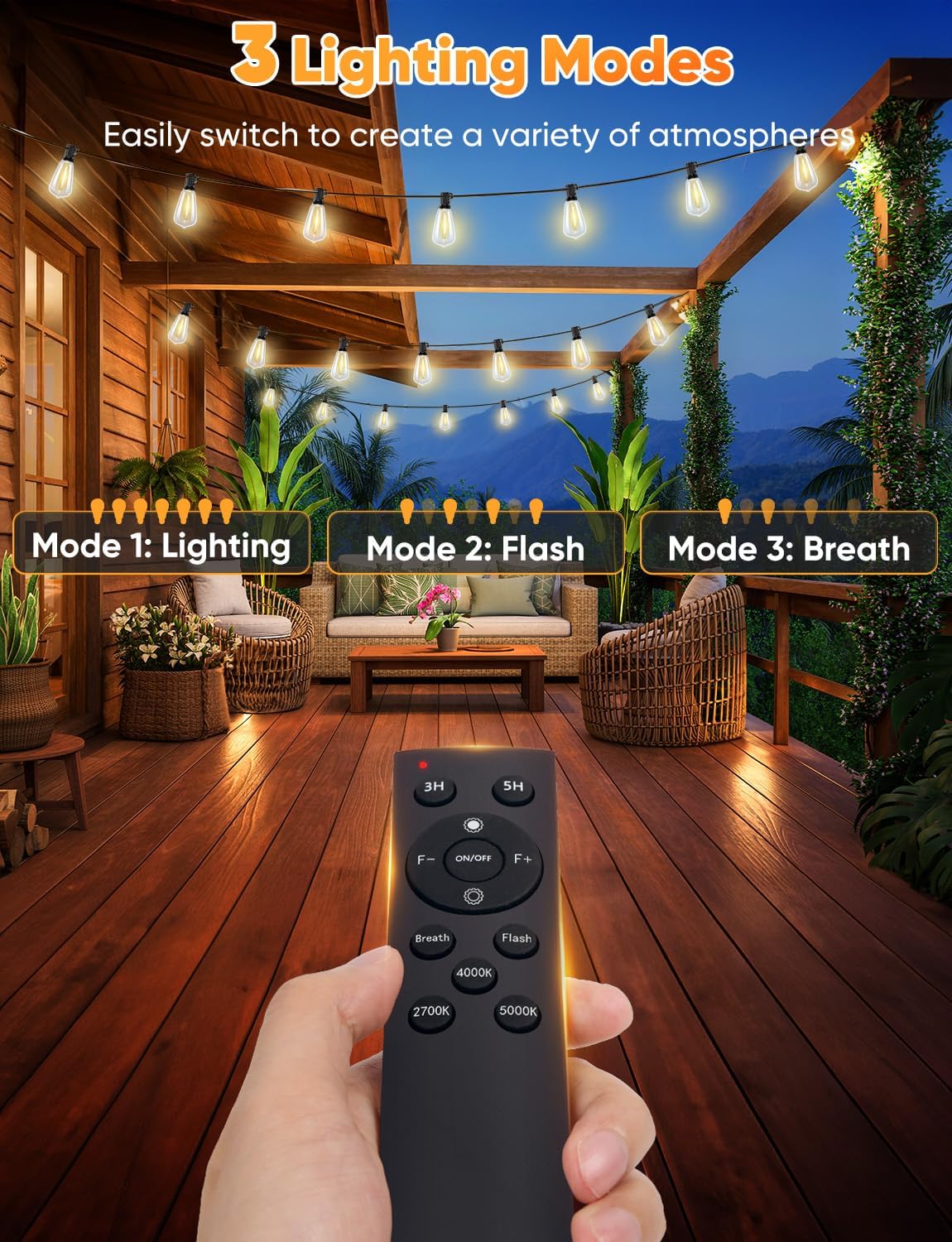Brightever 180FT LED String Lights with Remote Control, 2700K/4000K/5000K Selectable Outdoor Patio Lights with 56 Shatterproof ST38 Edison Bulbs, 3 Modes Dimmable Outside Light for Yard, Porch