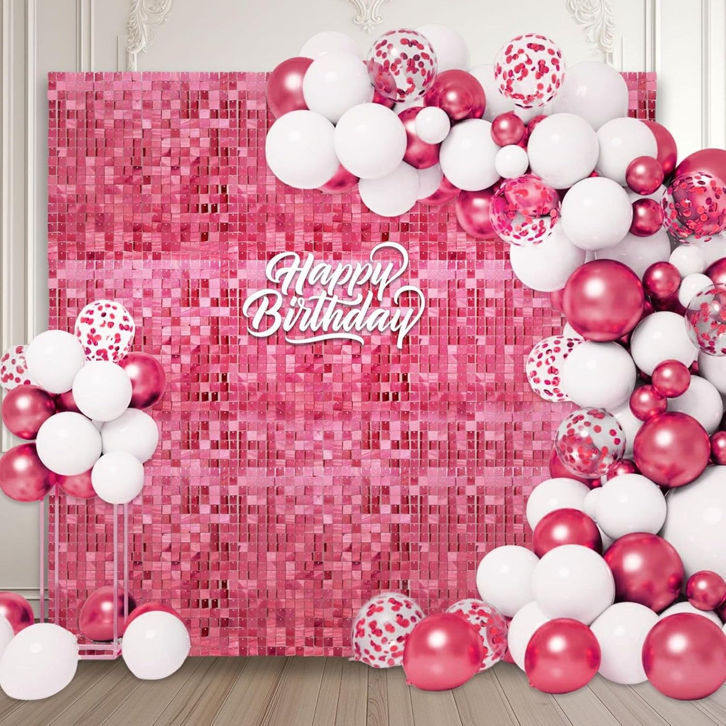 12PCS Deep Pink Shimmer Wall Backdrop, Laser Square Sequin Photo Backdrops Panel, Glitter Wall Background for Birthdays, Weddings, Christmas, Engagements, Disco Bachelorette Party Decor (3FTx4FT)