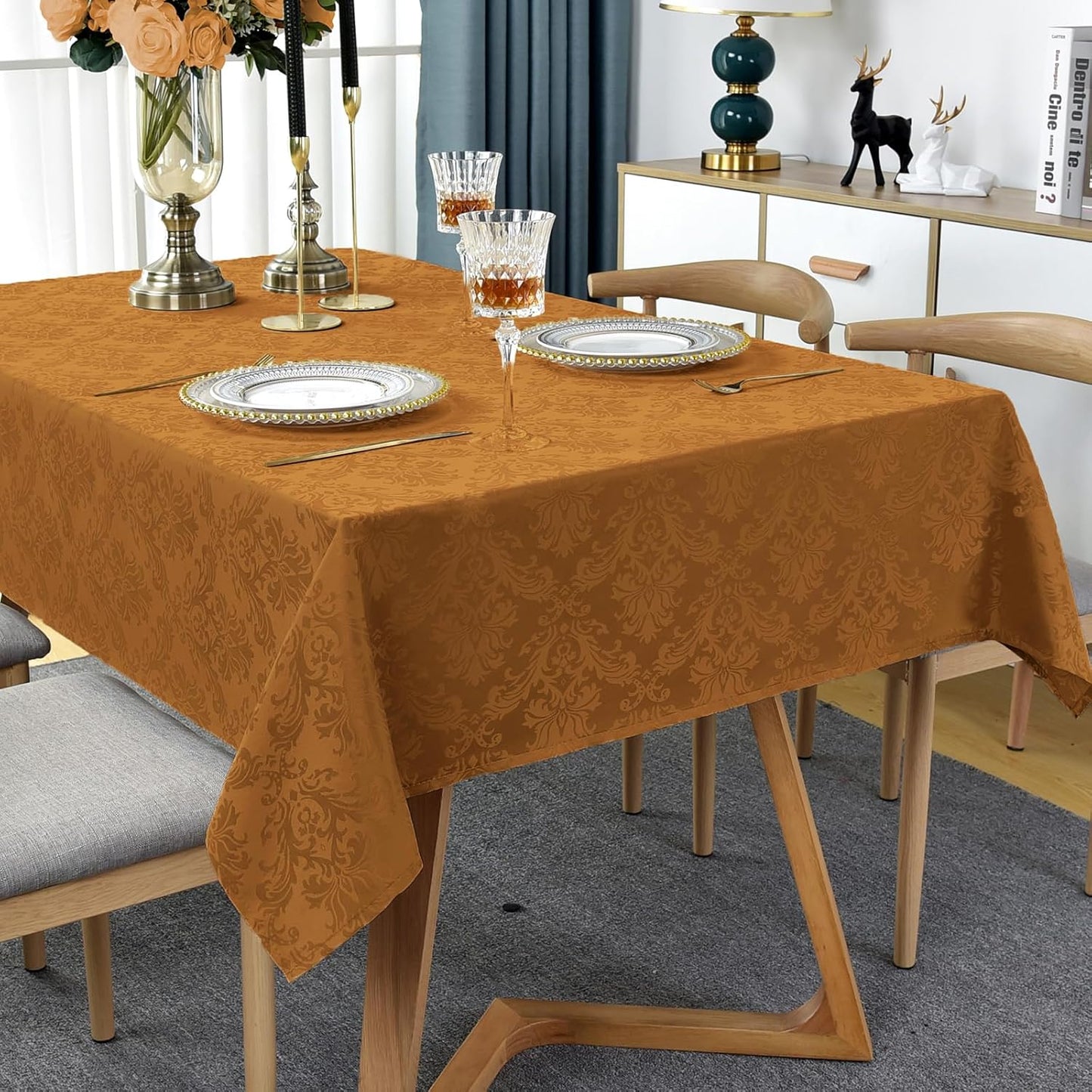 Rectangle Table Cloth - 60 x 120 Inch Brown Jacquard Tablecloths Damask Design Spillproof Wrinkle Resistant Shrinkproof Soft Tablecloth Polyester Oblong Table Cover for Kitchen Dinning Party Tabletop