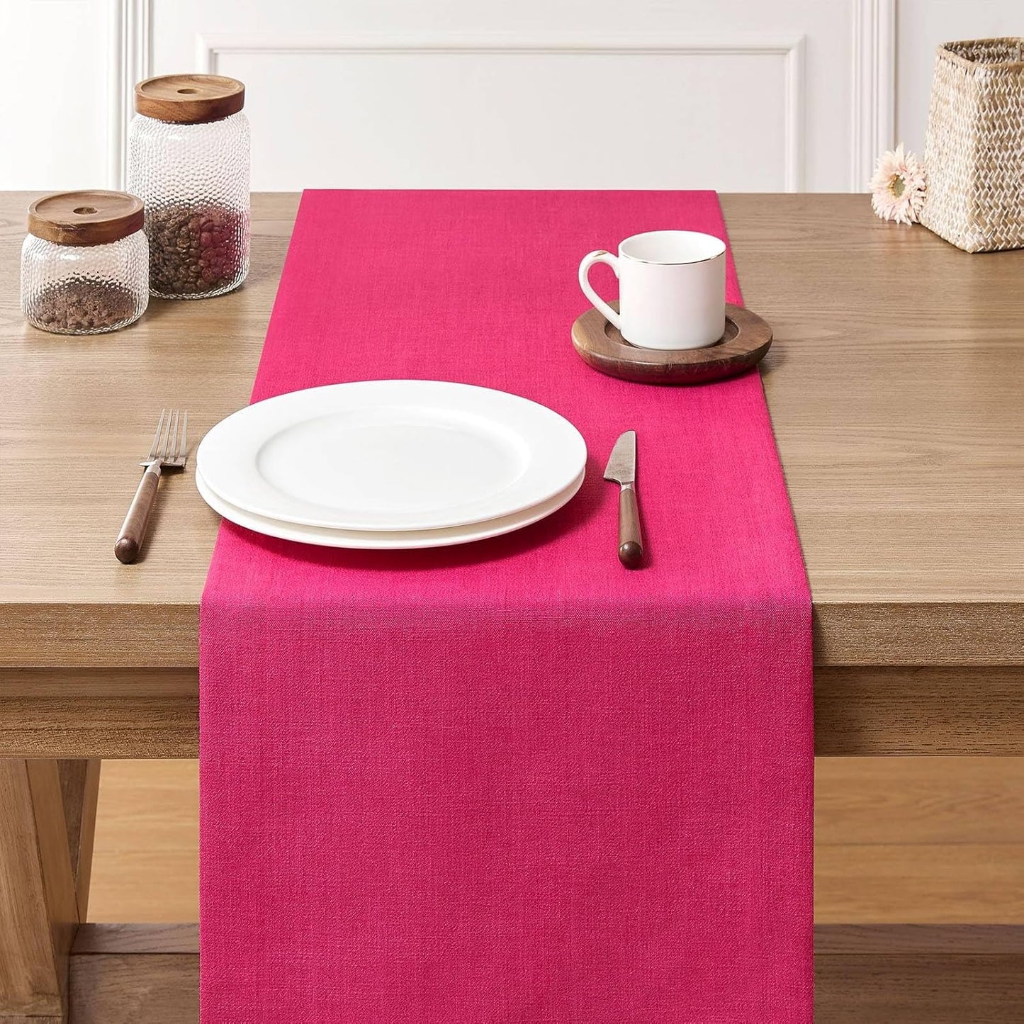 ZeeMart Linen Textured Border Table Runner, 14 x 36 Inch Hot Pink, Farmhouse Style Pink Table Runners 36 Inches Long, Easy Care Everyday Polyester Table Runner